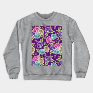 Botanical Roses Seamless Pattern On Purple Background Crewneck Sweatshirt